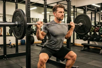 Homme effectuant un squat avec barre dans une salle de musculation moderne, illustrant les méthodes d'entraînement en force