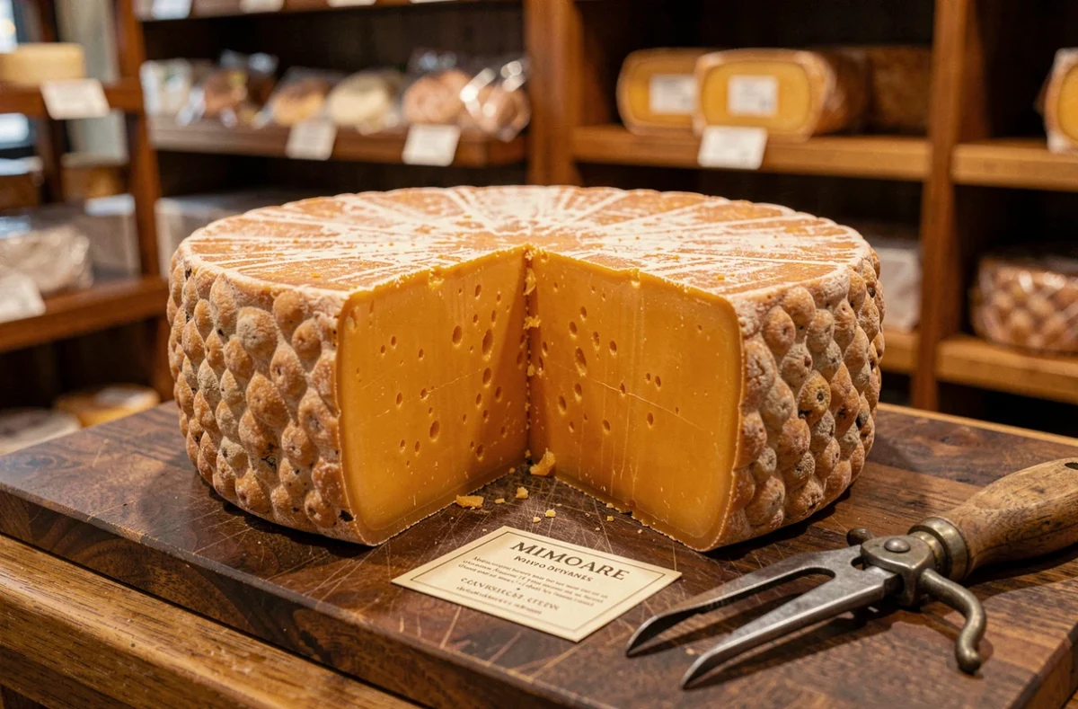 Mimolette coupée en deux révélant sa pâte orange vif et sa croûte cratérisée caractéristique