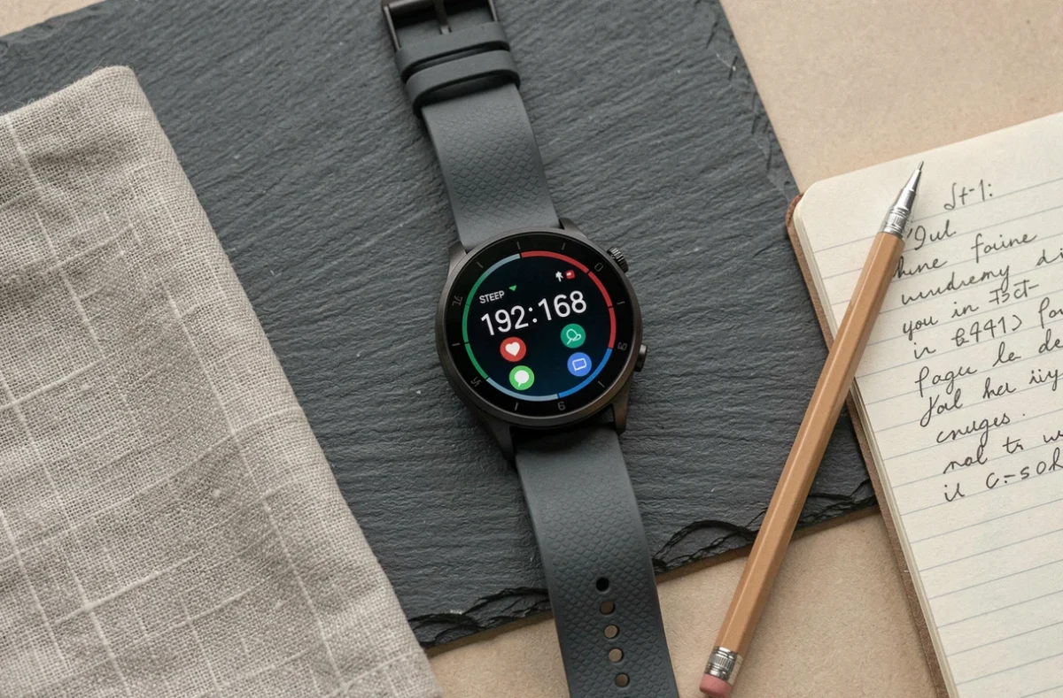 Montre connectée posée sur un bureau avec affichage des données de santé