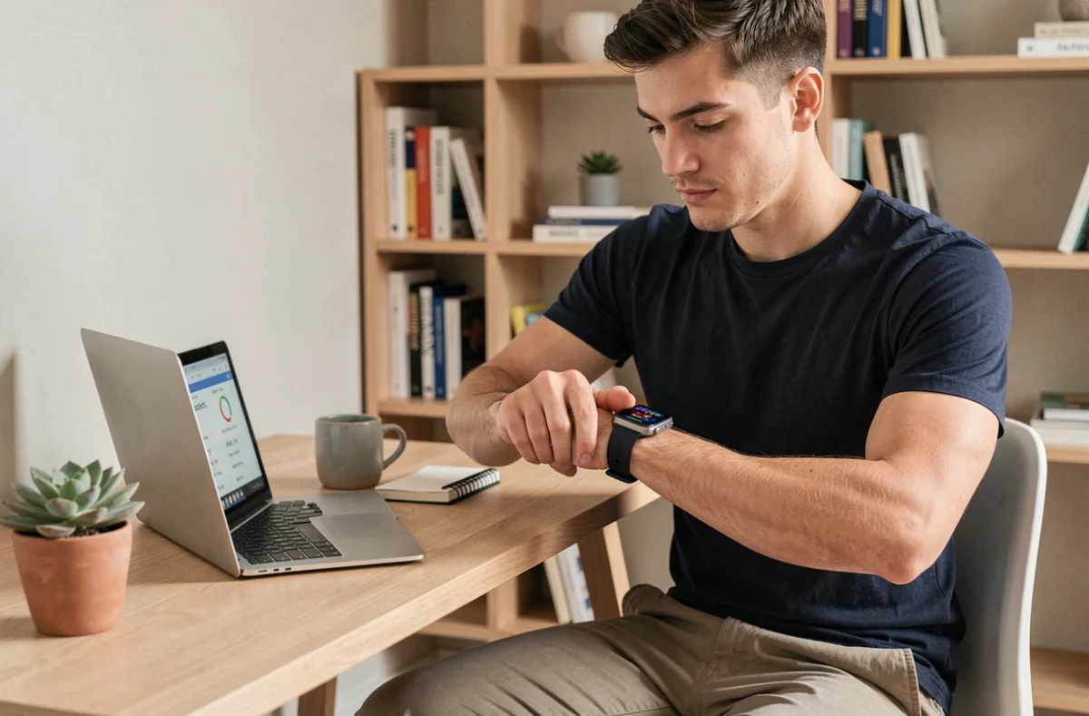 Homme consultant les données santé de sa montre connectée dans un bureau moderne à domicile