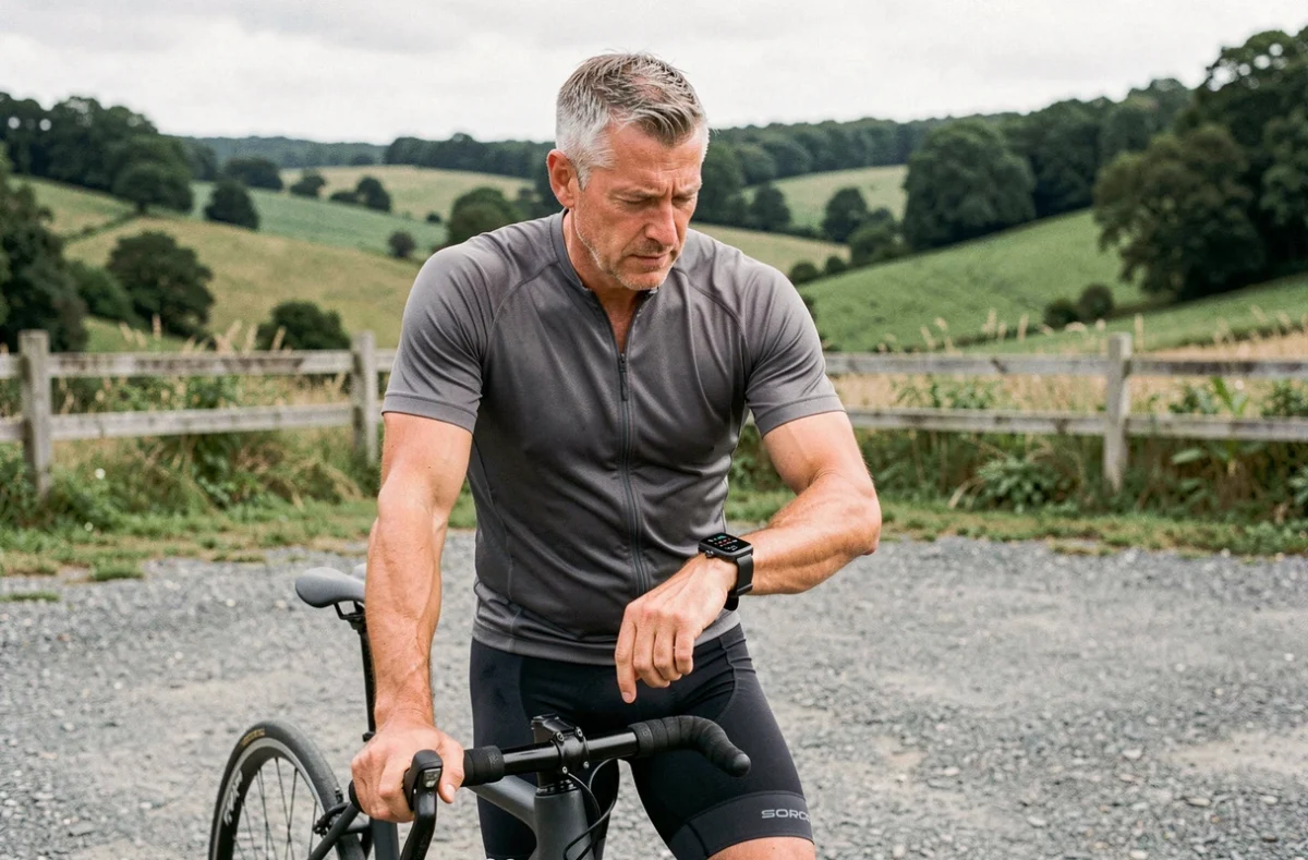 Cycliste masculin consultant sa montre connectée multisport appuyé sur son vélo de route