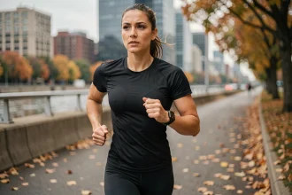 Femme en train de courir en ville avec une montre connectée GPS visible au poignet gauche
