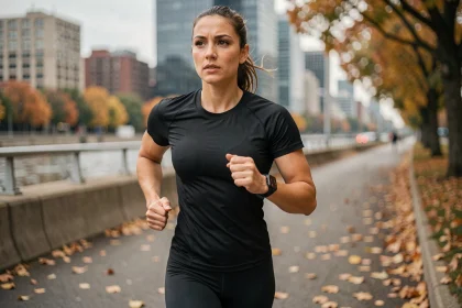 Femme en train de courir en ville avec une montre connectée GPS visible au poignet gauche