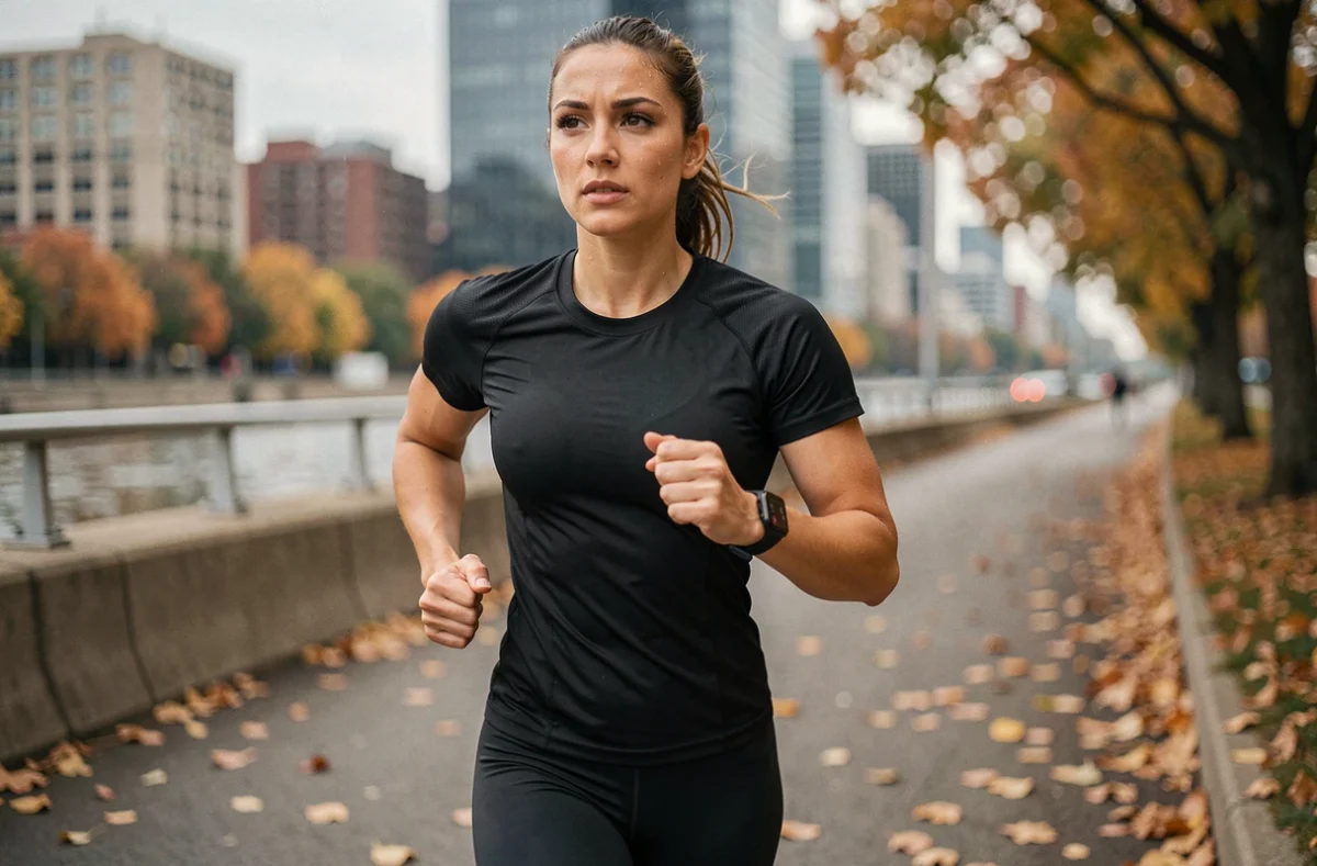 Femme en train de courir en ville avec une montre connectée GPS visible au poignet gauche