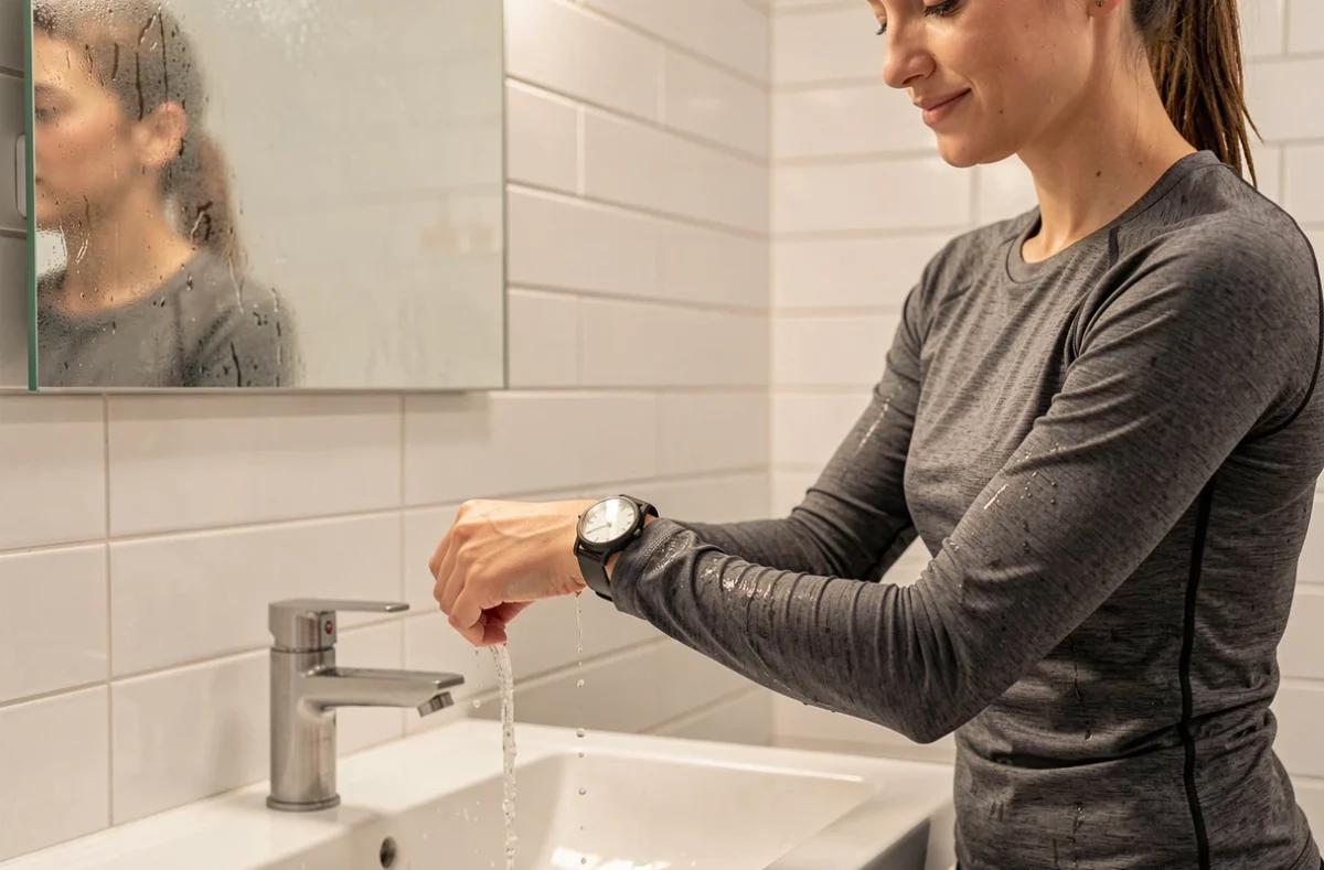 Femme rinçant sa montre étanche sous l'eau courante d'un lavabo dans une salle de bain moderne