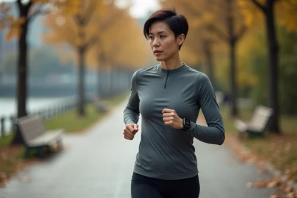 Femme athlète consultant sa montre GPS connectée pendant un jogging urbain pour évaluer l'intensité de son activité physique