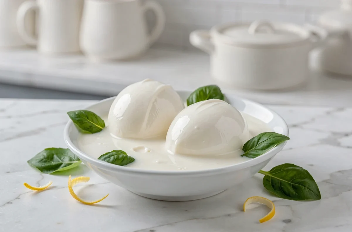 Boules de mozzarella di bufala fraîche dans leur lactosérum dans un bol en céramique blanche