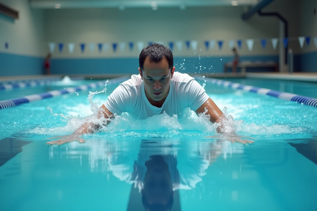 Nageur adulte en piscine olympique illustrant la natation comme sport bénéfique pour la santé