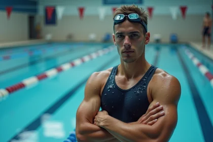 Nageur concentré au bord d'une piscine olympique, illustrant la détermination dans les sports individuels