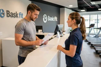 Un homme en tenue de sport négocie son abonnement à la réception d'une salle de fitness moderne