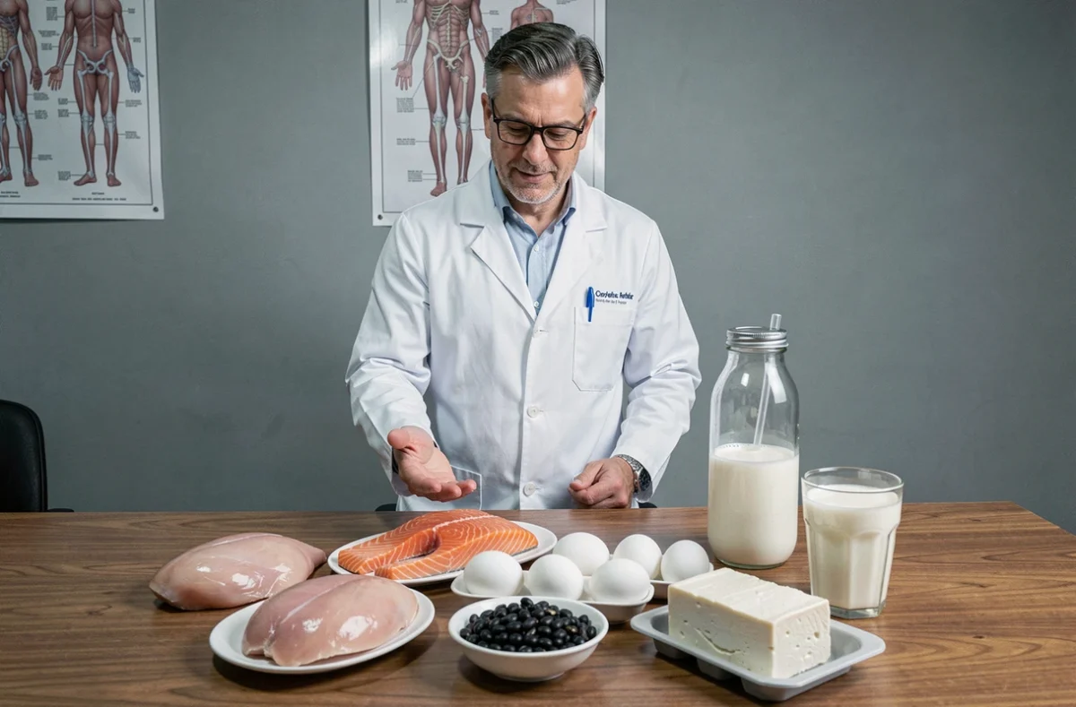 Nutritionniste expliquant les sources de protéines alimentaires devant une sélection d'aliments riches en protéines sur un bureau