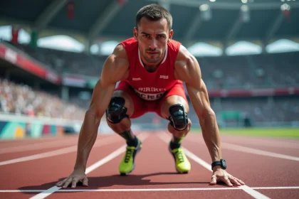 Athlète paralympique en position de départ sur une piste d'athlétisme avec prothèses de course en fibre de carbone