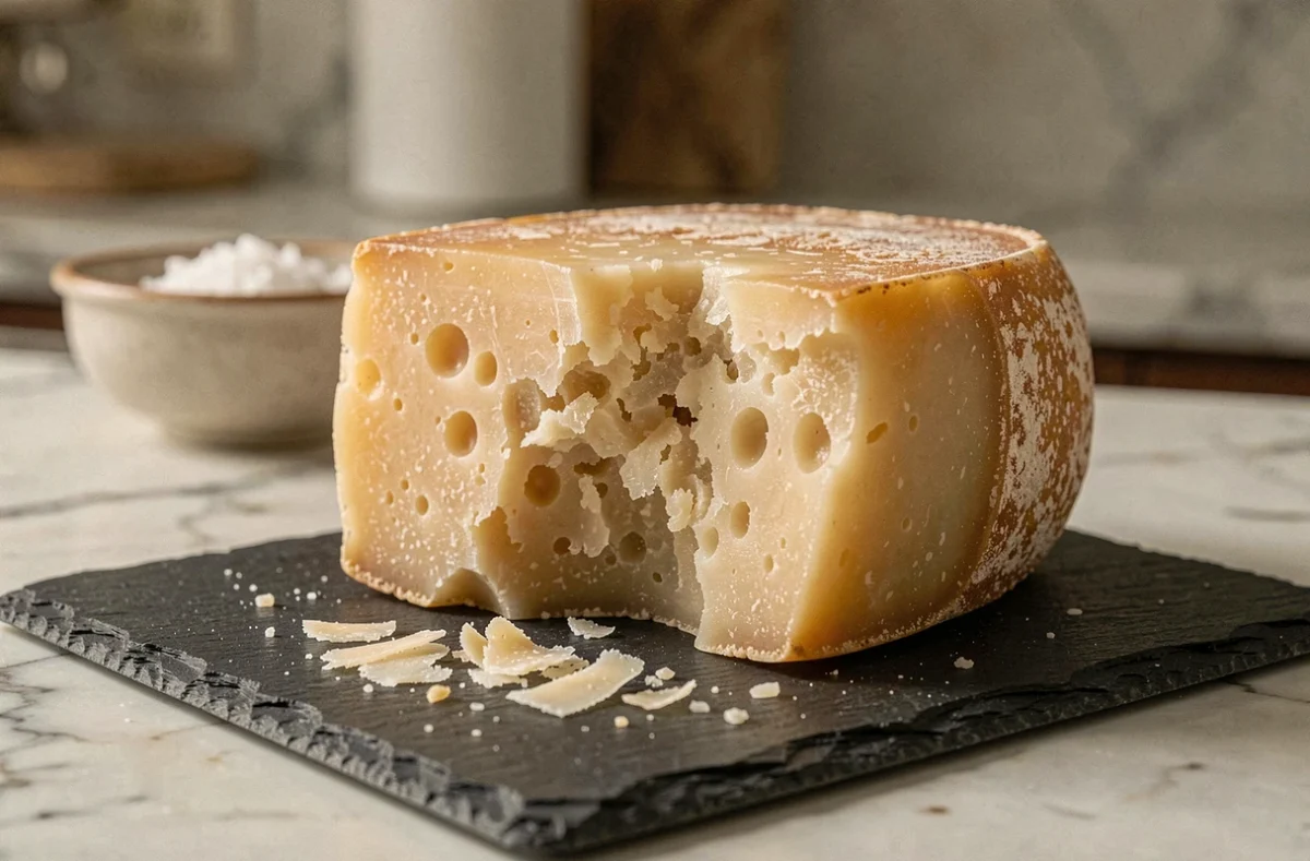 Morceau de parmesan avec sa texture cristalline visible, posé sur une ardoise