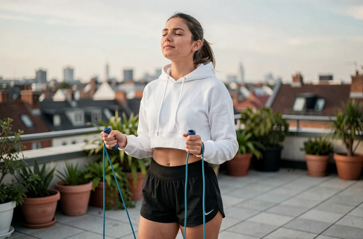 Jeune femme faisant une pause lors d'une séance de corde à sauter sur un toit urbain