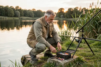 Pêcheur de carpe installant ses bouillettes en bordure de lac lors d'une session after-work