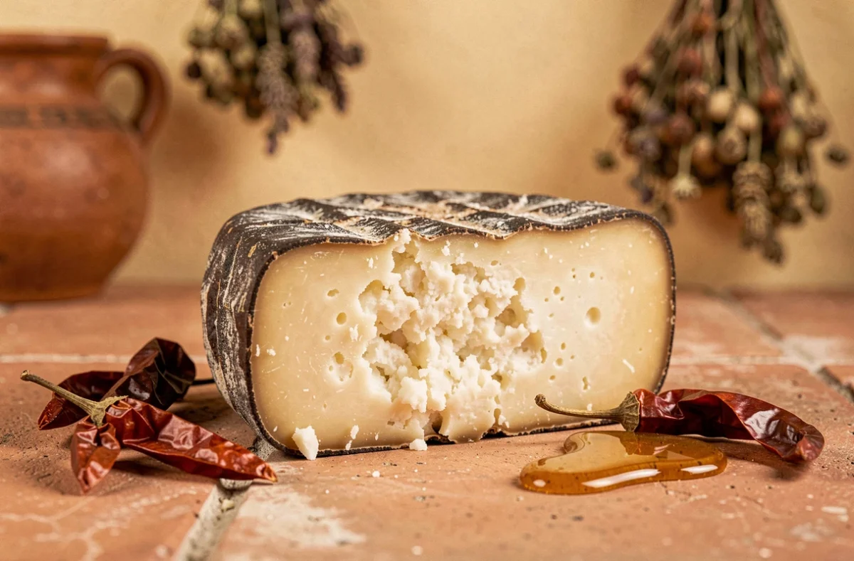 Morceau de pecorino affiné avec sa croûte sombre et sa pâte blanche émiettée