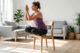Personne faisant un squat sur une chaise dans un salon lumineux