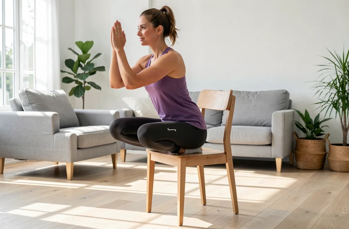 Personne faisant un squat sur une chaise dans un salon lumineux