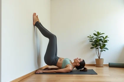 Femme pratiquant le Pilates au mur à la maison, jambes levées à 90 degrés, exercice de gainage contre un mur blanc