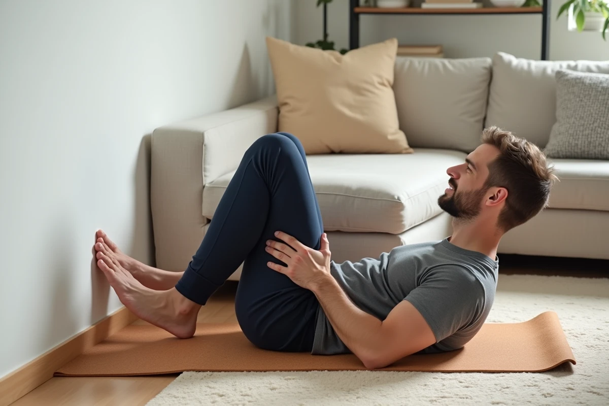 Homme pratiquant le Pilates au mur chez lui allongé sur un tapis, pieds contre le mur, exercice de renforcement du dos