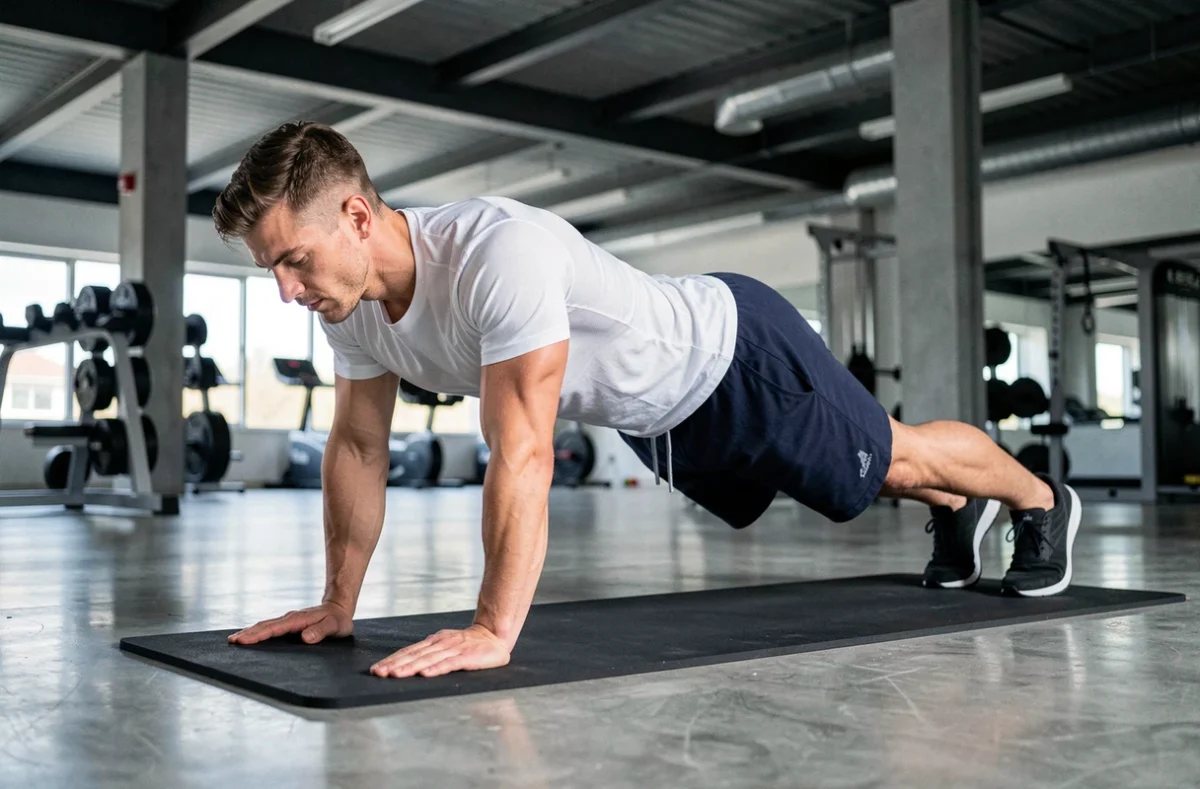 Homme en position de planche abdominale en appui sur les avant-bras dans une salle de sport moderne