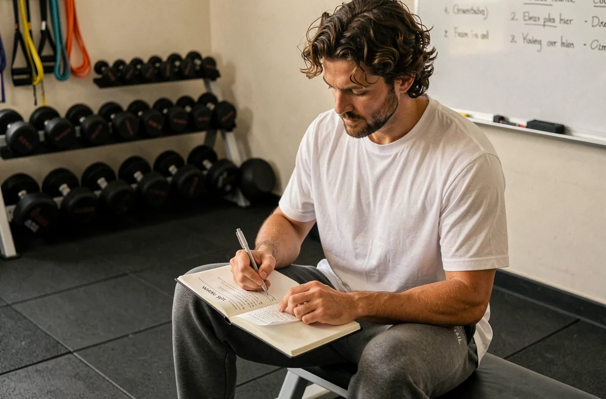 Homme planifiant son programme split 4 jours dans un cahier d'entraînement dans une salle de sport à domicile