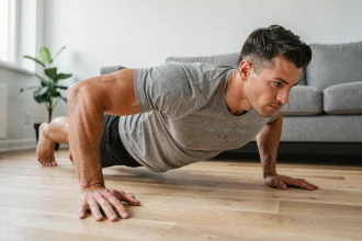 Homme en train de faire des pompes diamant sur parquet en bois pour muscler les bras sans matériel