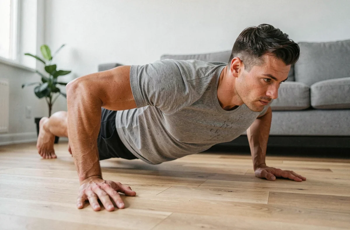 Homme en train de faire des pompes diamant sur parquet en bois pour muscler les bras sans matériel