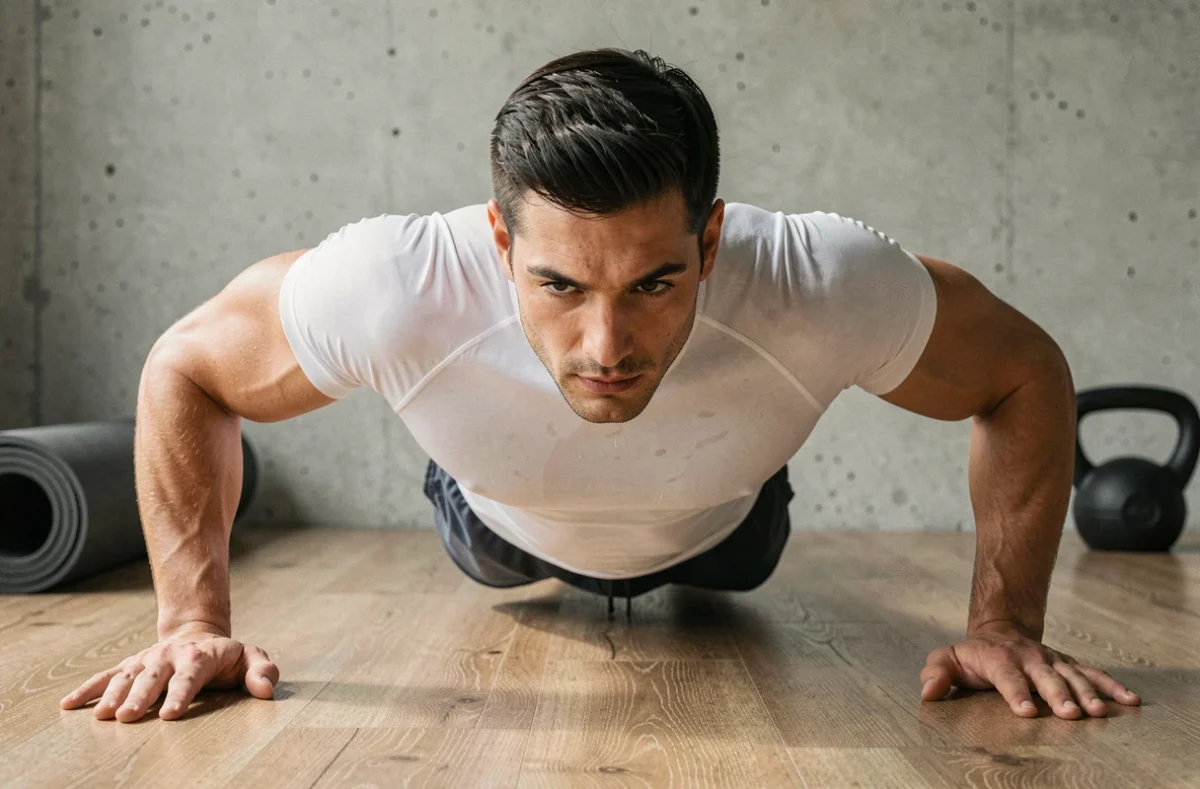 Homme réalisant des pompes diamant à domicile dans un espace minimaliste pour renforcer les triceps et prendre de la masse