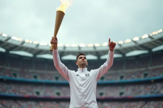 Athlète paralympique portant la flamme lors de la cérémonie d'ouverture des Jeux Paralympiques dans un stade olympique