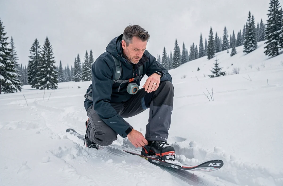 Randonneur à ski fixant des peaux de phoque sur ses skis de location en montagne enneigée