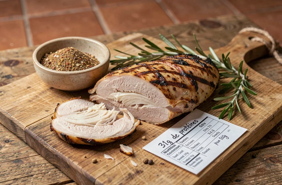 Blanc de poulet grillé tranché sur une planche en bois avec une note indiquant la teneur en protéines pour 100 grammes, entouré d'herbes fraîches