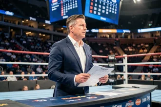 Présentateur WWE en costume devant un ring de catch dans une grande arène, tenant un calendrier des événements 2026