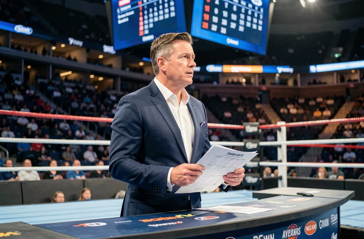 Présentateur WWE en costume devant un ring de catch dans une grande arène, tenant un calendrier des événements 2026