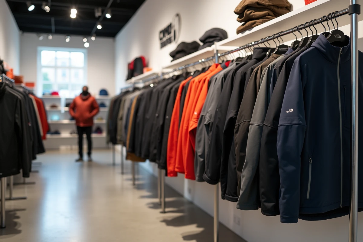 Rayon de vestes The North Face dans un magasin de sport haut de gamme avec étiquettes de prix visibles