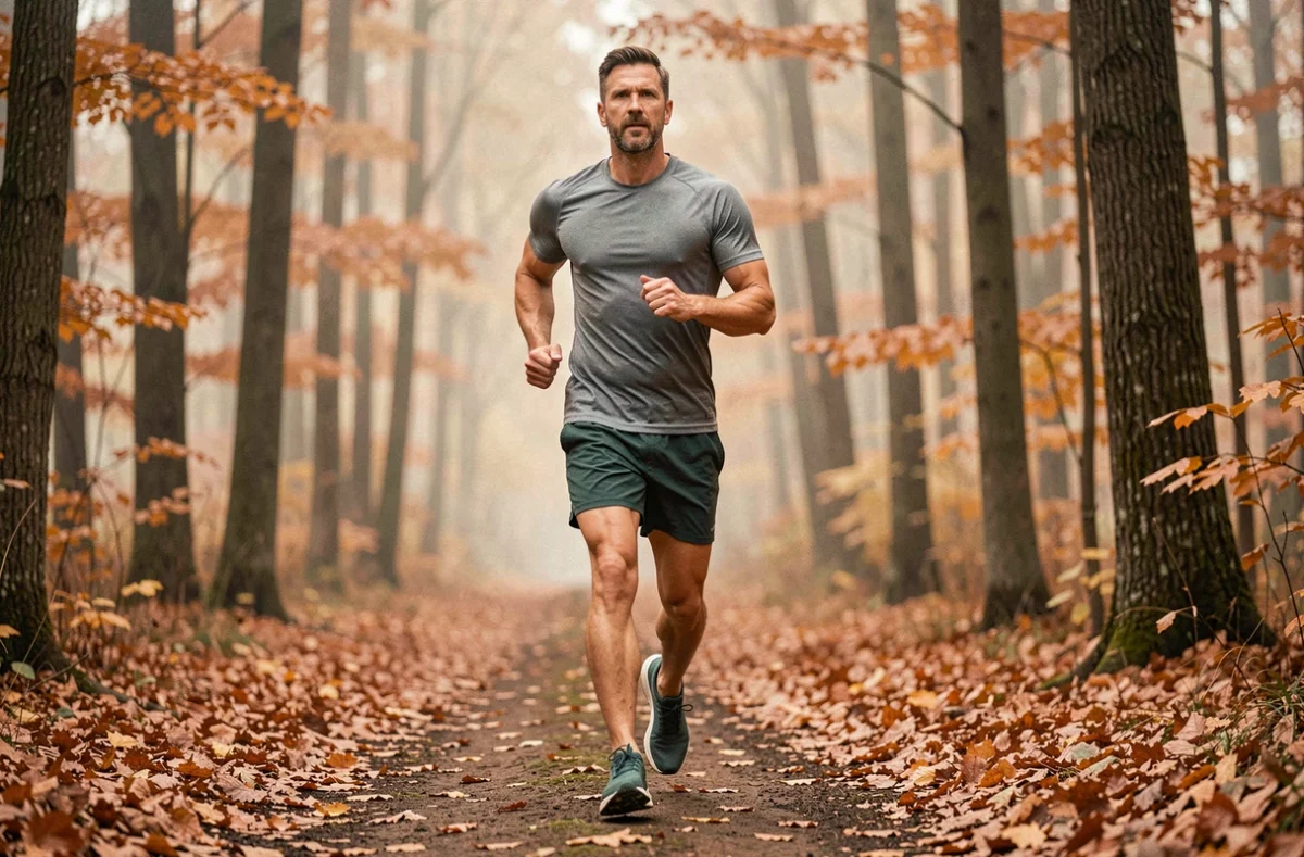 Coureur masculin suivant un programme d'entraînement sur un sentier forestier en automne
