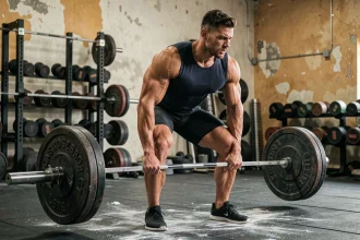 Athlète masculin en train de soulever une barre chargée lors d'une séance de force en salle de musculation