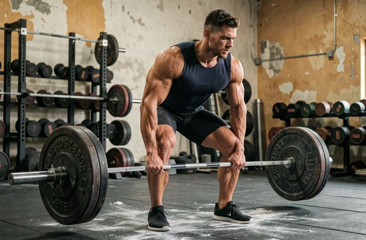 Athlète masculin en train de soulever une barre chargée lors d'une séance de force en salle de musculation