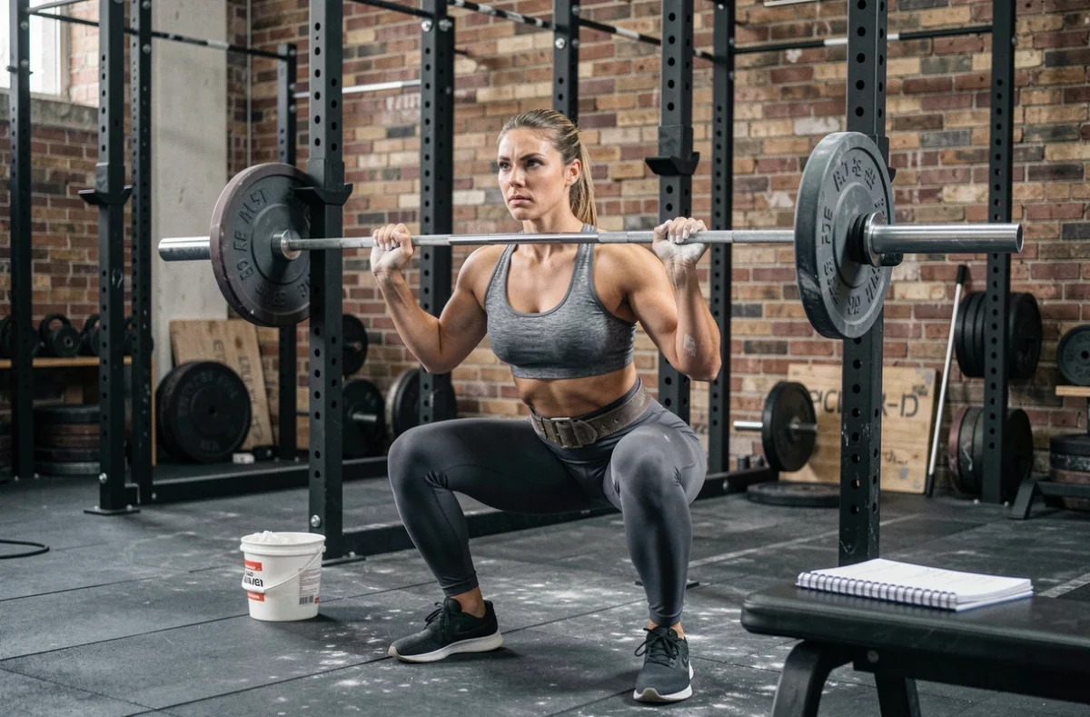 Femme athlète réalisant un squat lourd avec barre dans une salle de powerlifting