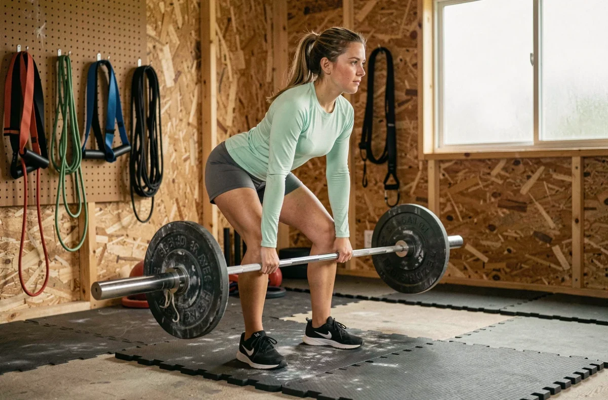 Jeune femme exécutant un soulevé de terre dans un home gym aménagé en garage, programme muscu gratuit