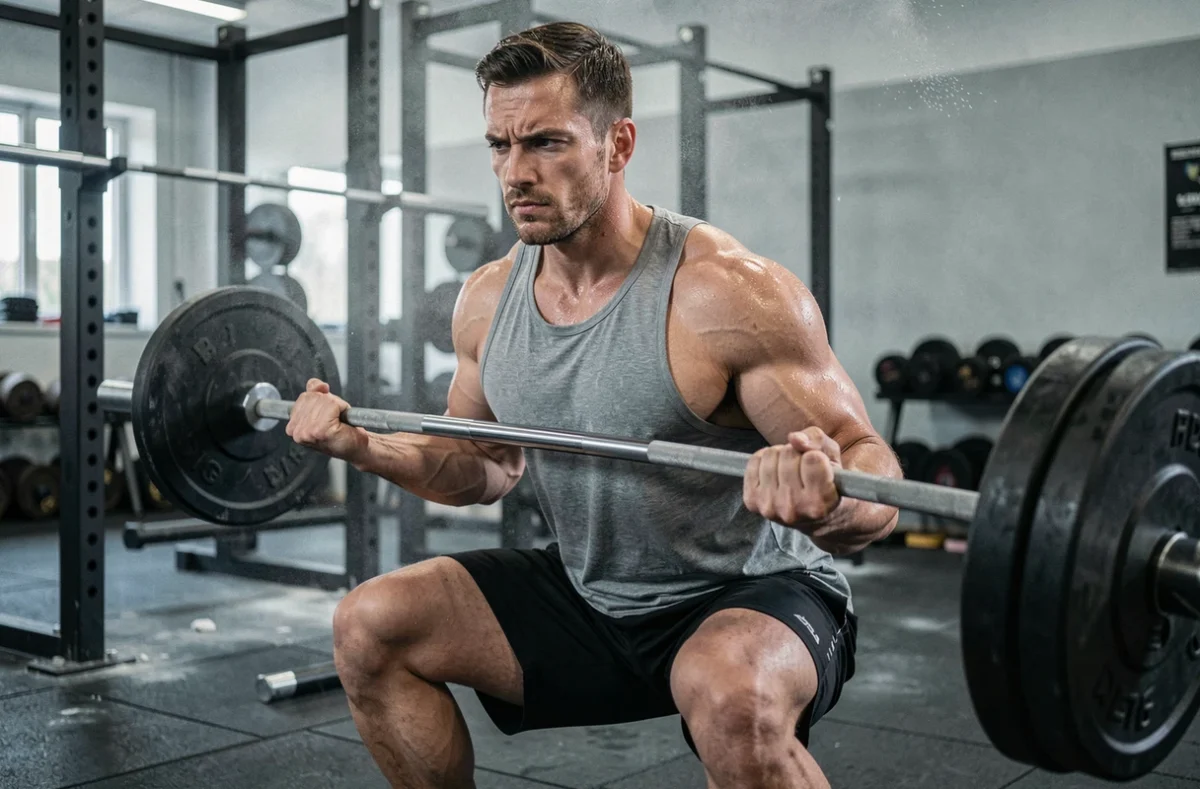 Homme effectuant un squat barre dans une salle de musculation équipée, programme de muscu gratuit
