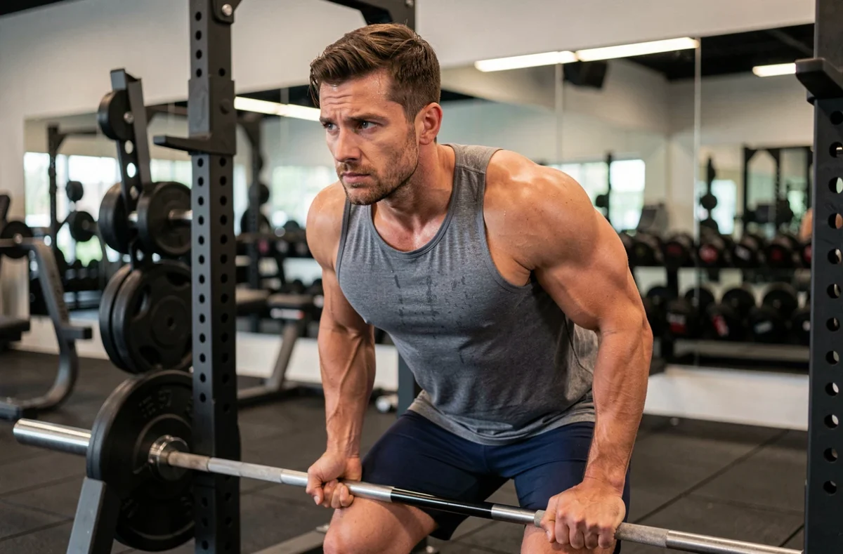 Homme en salle de sport effectuant un squat avec une barre chargée dans un rack, programme muscu débutant