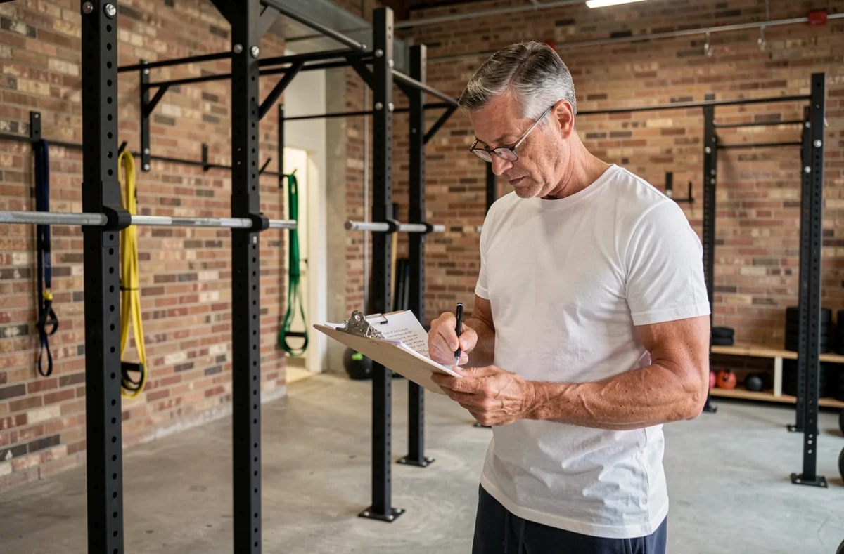 Homme consultant un programme d'entraînement musculaire écrit sur un clipboard dans une salle de sport