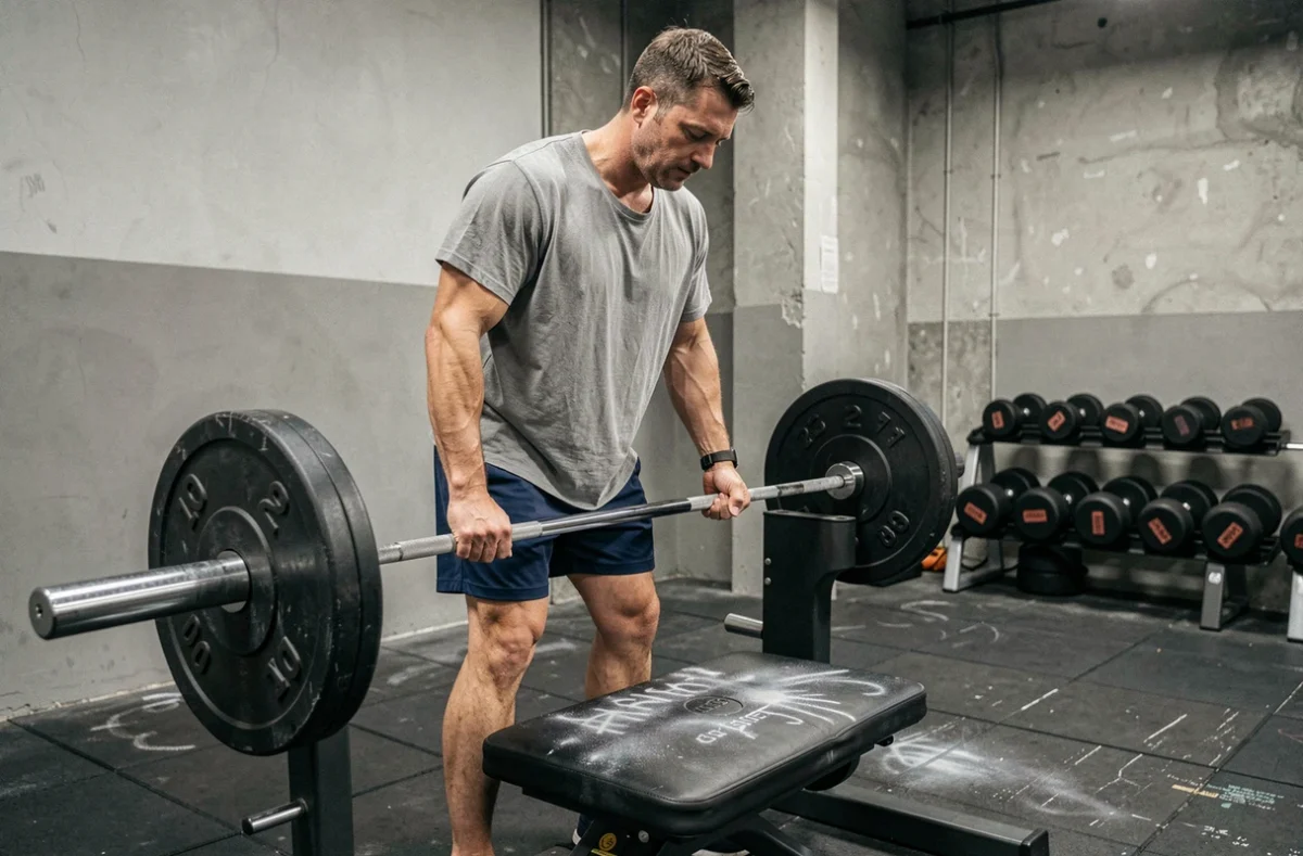 Athlète masculin préparant une série au développé couché dans une salle de gym, illustration d'un programme musculation 5 jours