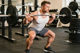 Homme musclé effectuant un squat barre dans une salle de musculation professionnelle, programme 5 jours par semaine