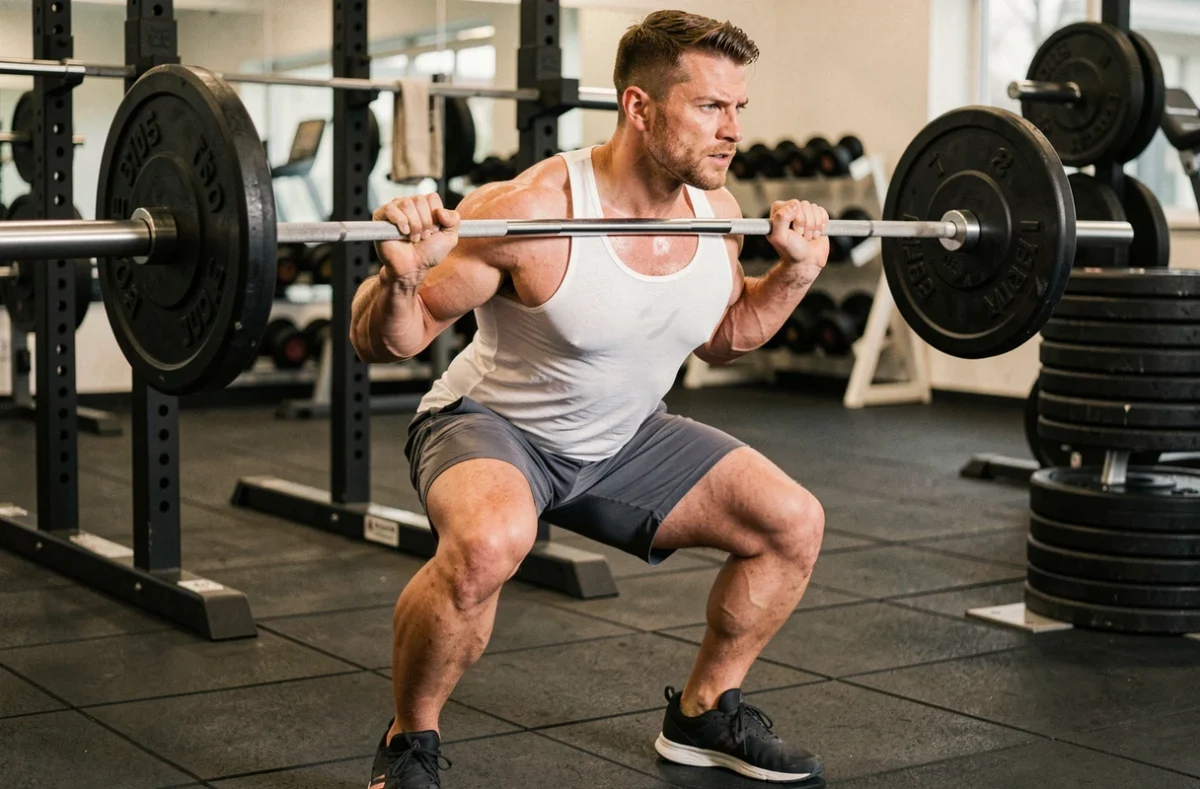 Homme musclé effectuant un squat barre dans une salle de musculation professionnelle, programme 5 jours par semaine