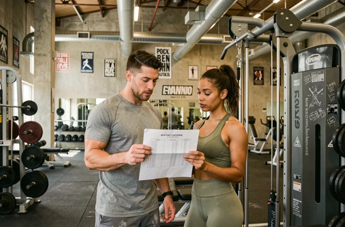 Deux sportifs consultant un programme de musculation imprimé près d'une machine en salle de sport