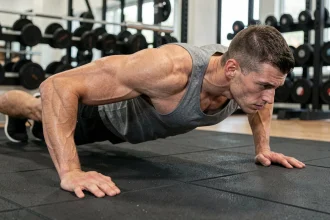 Homme musclé effectuant des pompes larges dans une salle de musculation pour un programme de prise de masse