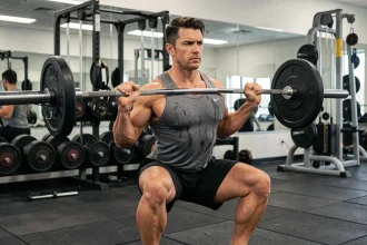 Homme pratiquant le squat barre dans une salle de musculation lors d'une séance de programme split 4 jours