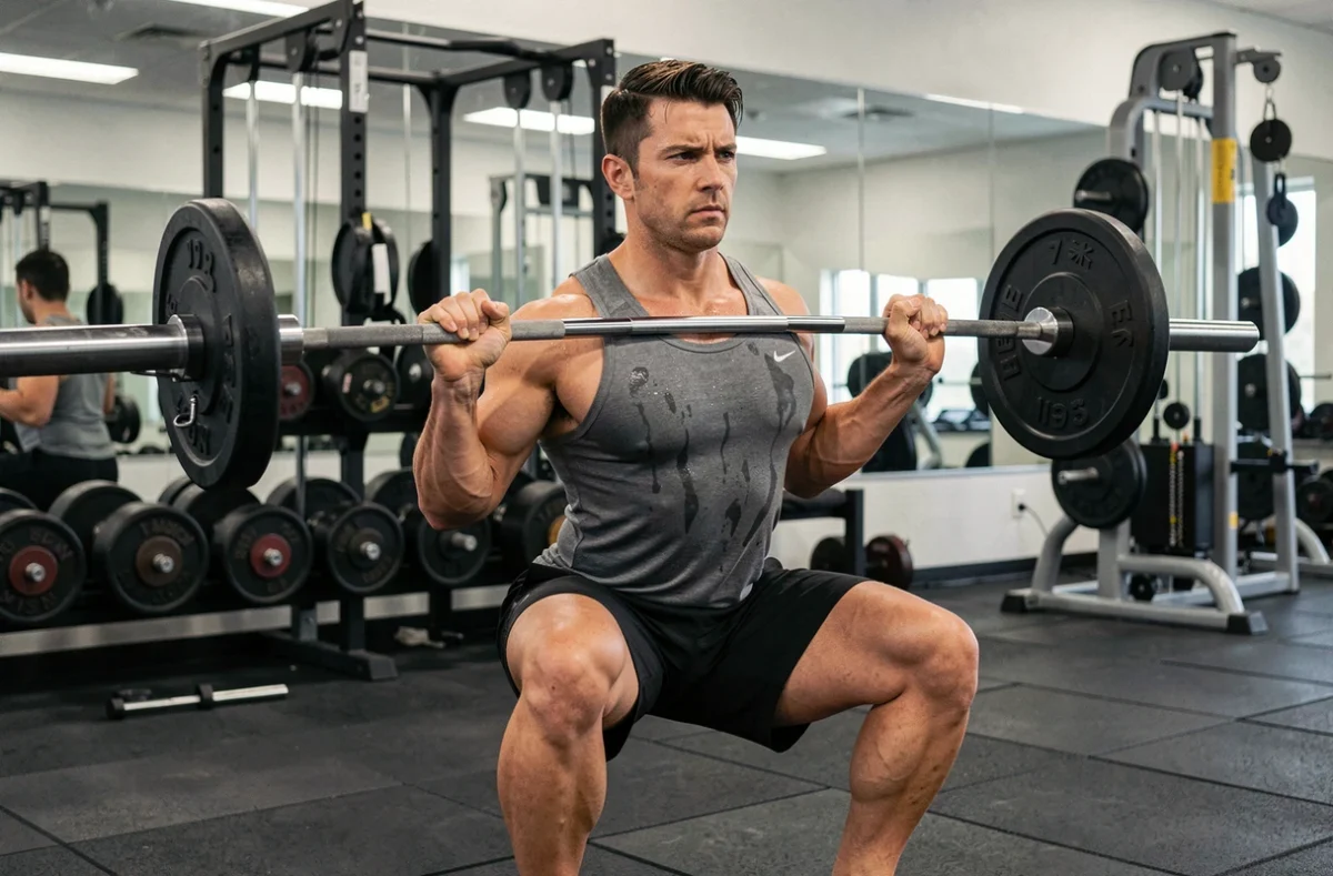 Homme pratiquant le squat barre dans une salle de musculation lors d'une séance de programme split 4 jours